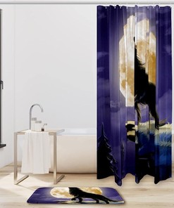 Wolf Forest Night Shower Curtain with Animal Print for Nature and Wildlife Bathroom Decor