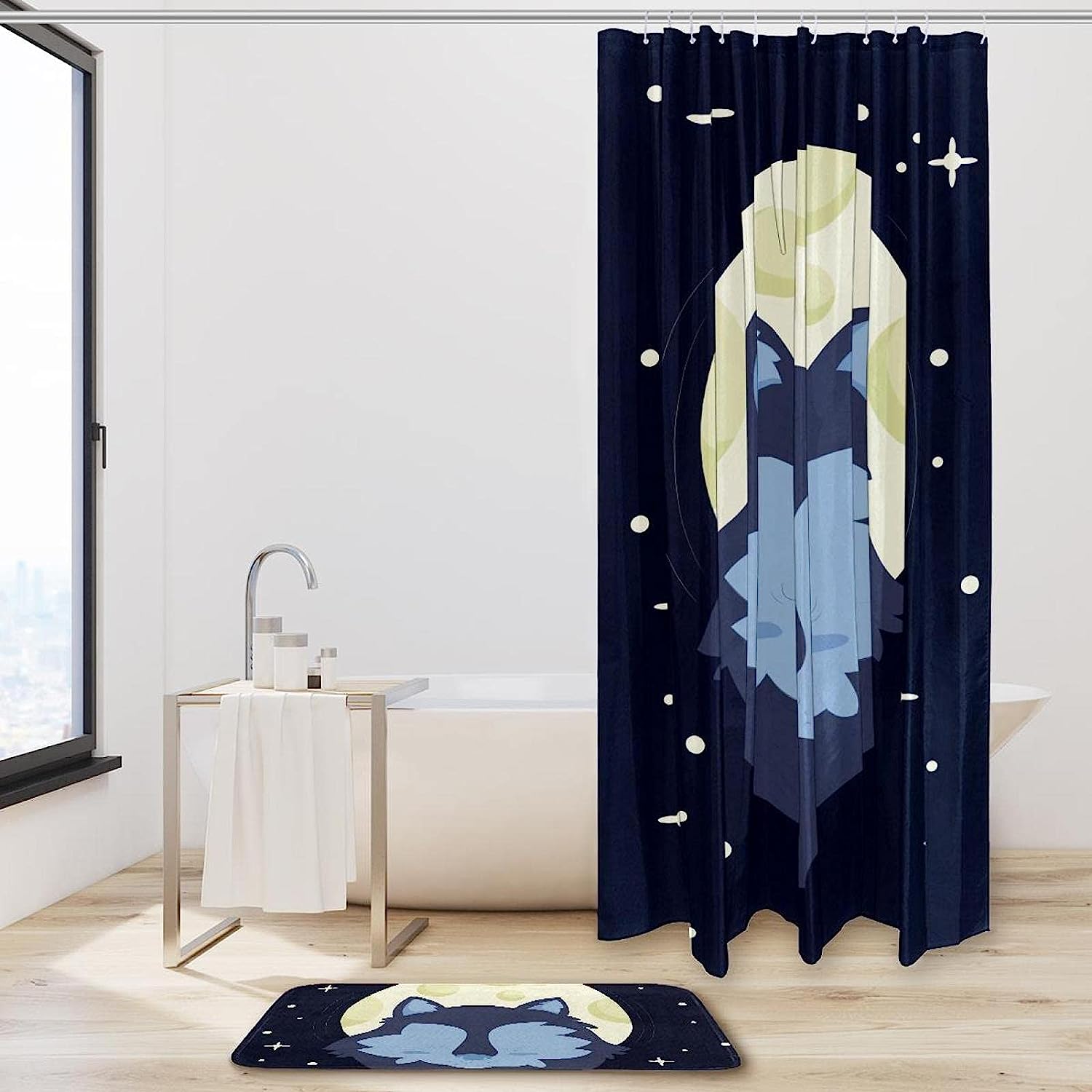 Wolf Galaxy Moon Stars Fabric Shower Curtain - Waterproof And Stylish - Image 2