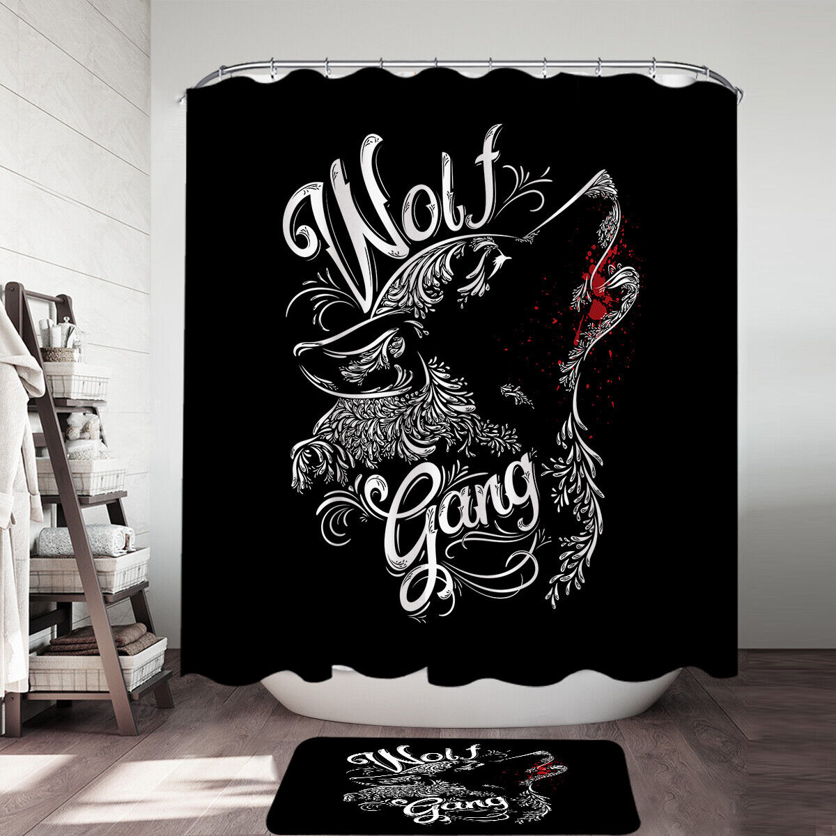 Wolf Gang Bathroom Shower Curtain with Black and White Animal Print