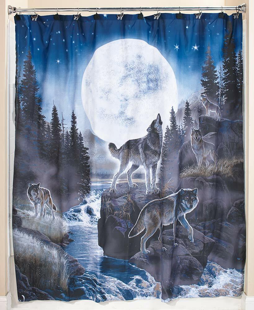 Wolf Howling At The Moon Shower Curtain for Wildlife and Cabin Bathroom Decor