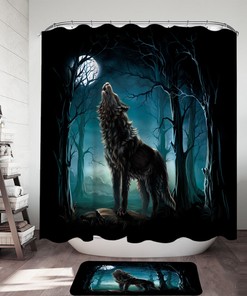 Wolf Howls At A Moon Themed Waterproof Fabric Shower Curtain