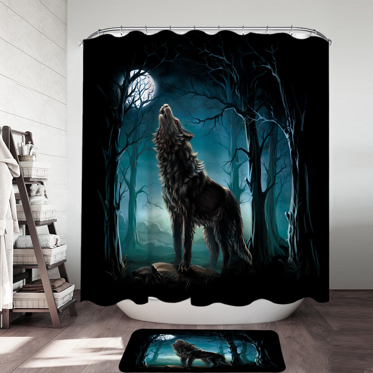 Wolf Howls At A Moon Themed Waterproof Fabric Shower Curtain