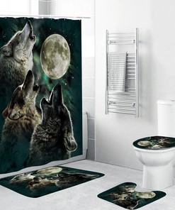 Wolf Moon Bathroom Shower Curtain with Wilderness and Animal Print for Home Decor 