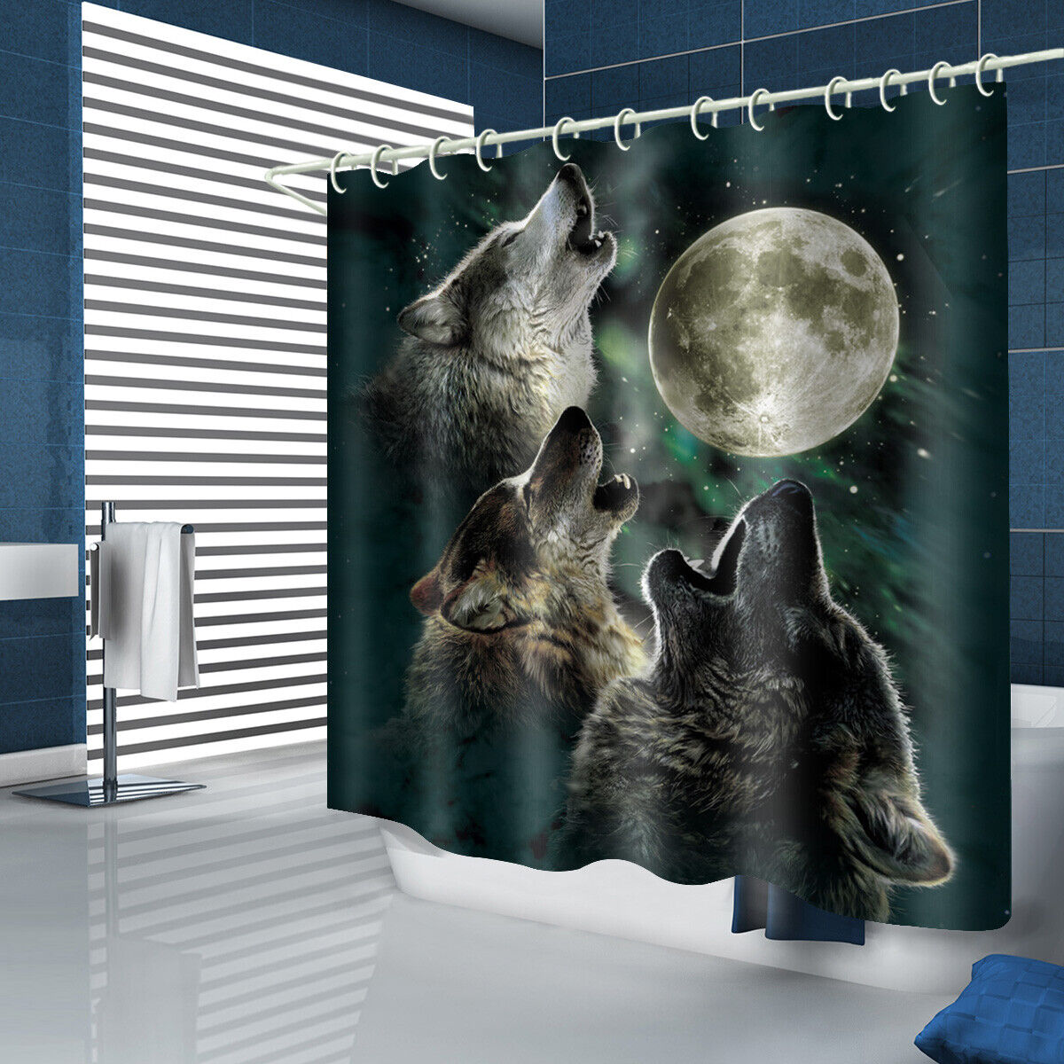 Wolf Moon Bathroom Shower Curtain with Wilderness and Animal Print for Home Decor
