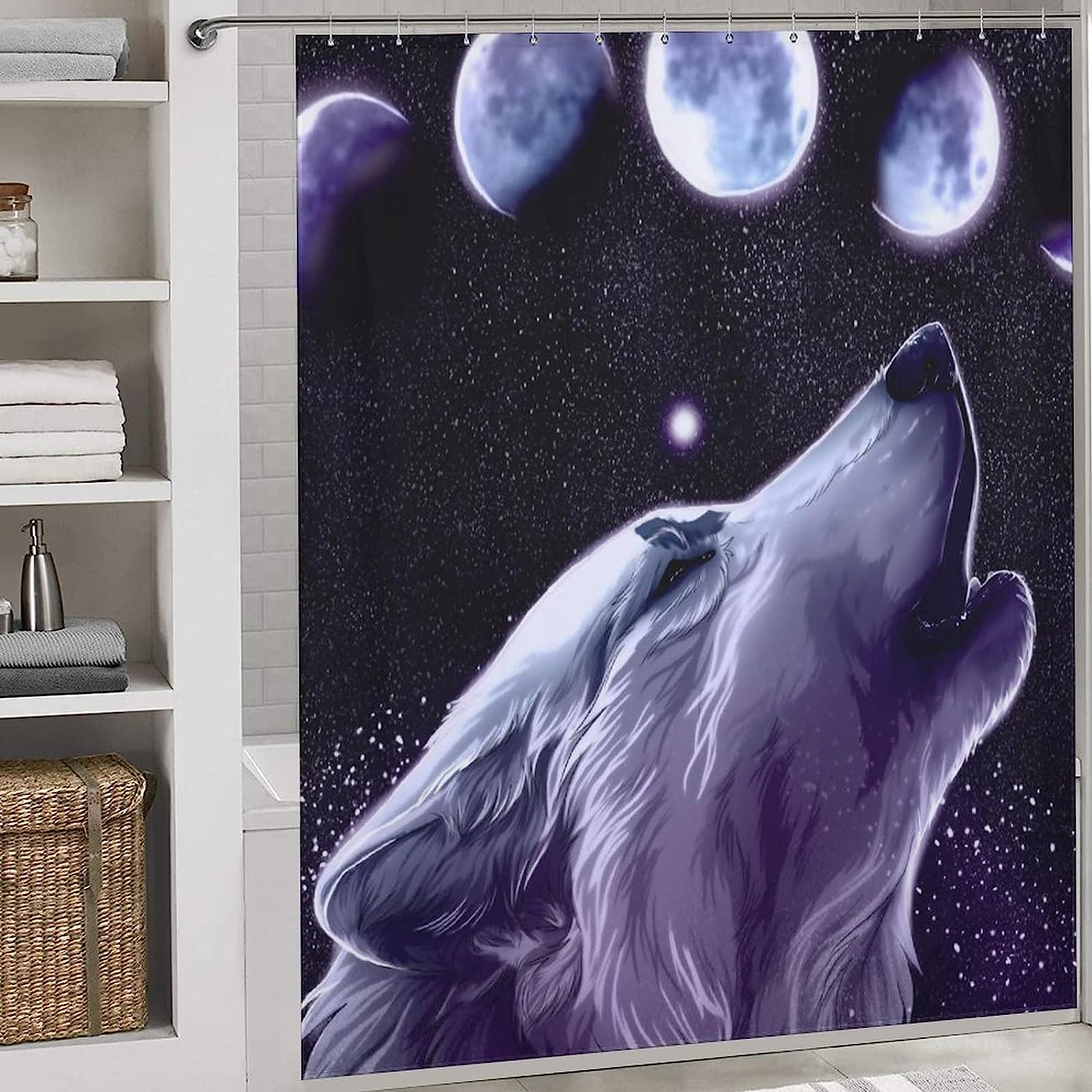 Wolf Moon Forest Shower Curtain with Fabric Print for Bathroom Decor