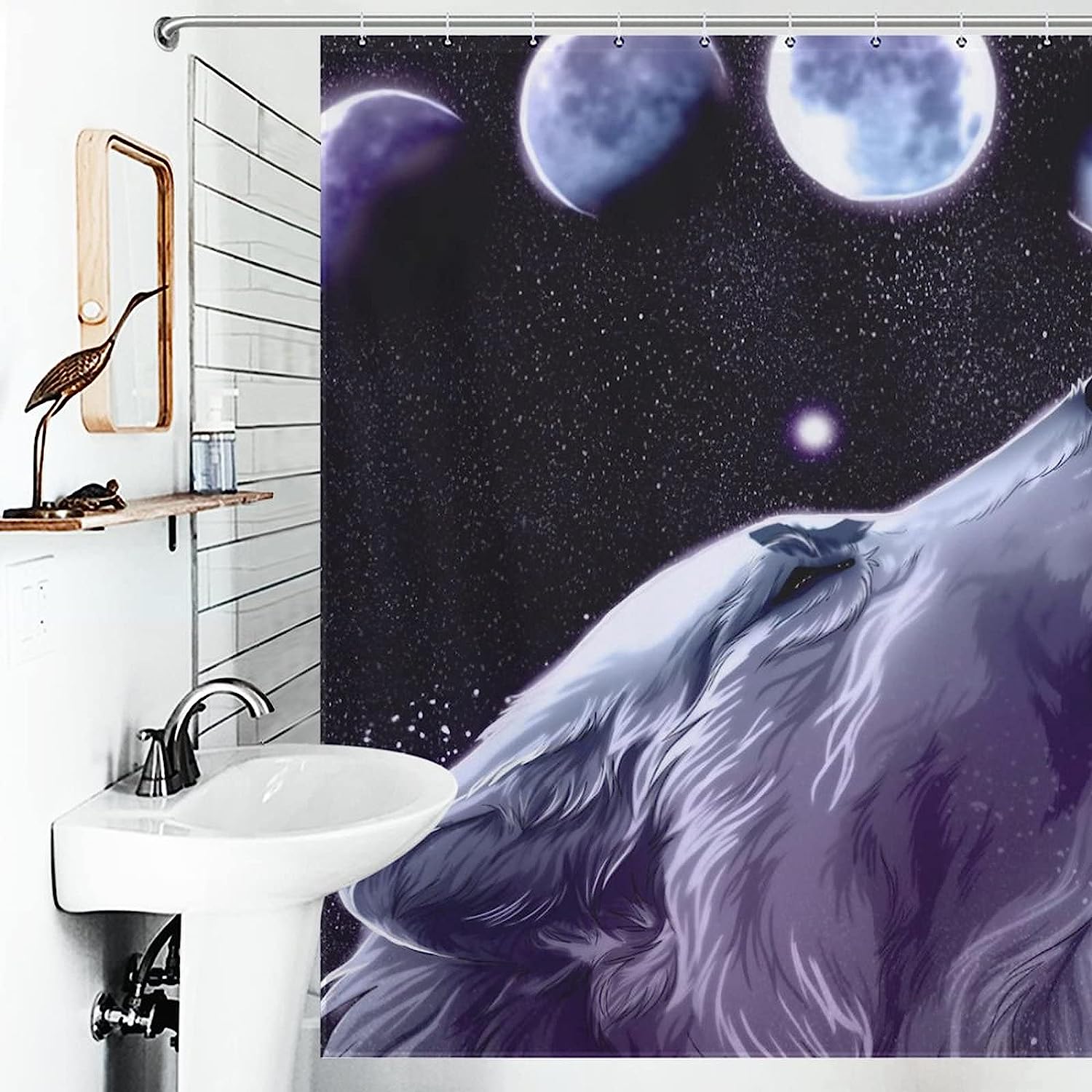 Wolf Moon Forest Shower Curtain with Fabric Print for Bathroom Decor
