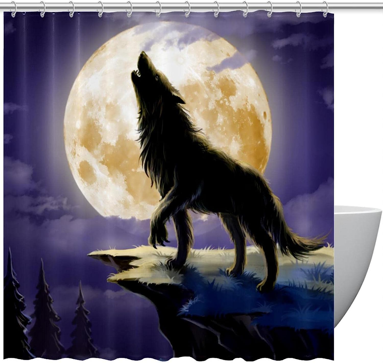 Wolf Moon Shower Curtain - Lunar Canine Bathroom Dcor