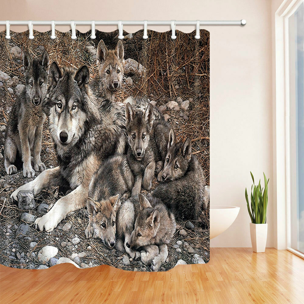 Wolf Pack Family Shower Curtain with Wildlife Animal Print for Bathroom Decor