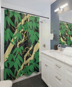 Wolf Pattern Shower Curtain, Leaf And Green Bathtub Curtains, Fabric Curtain, Nature Inspired Bathroom Decor
