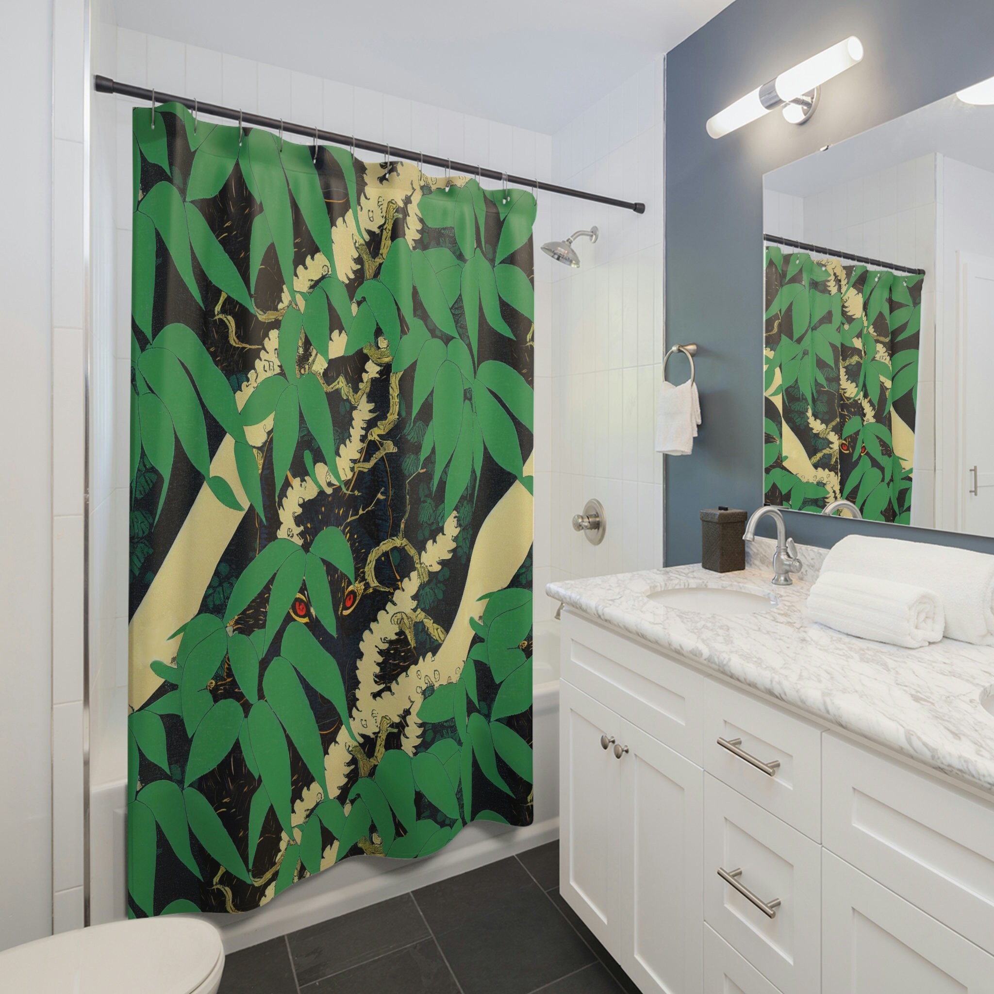 Wolf Pattern Shower Curtain, Leaf And Green Bathtub Curtains, Fabric Curtain, Nature Inspired Bathroom Decor