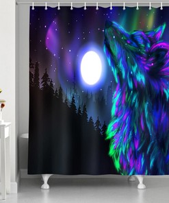 Wolf Roar on A Full Moon Night Shower Curtain Bathroom Decor Fabric - Ferocious Lunar Canine Bathroom Accessory