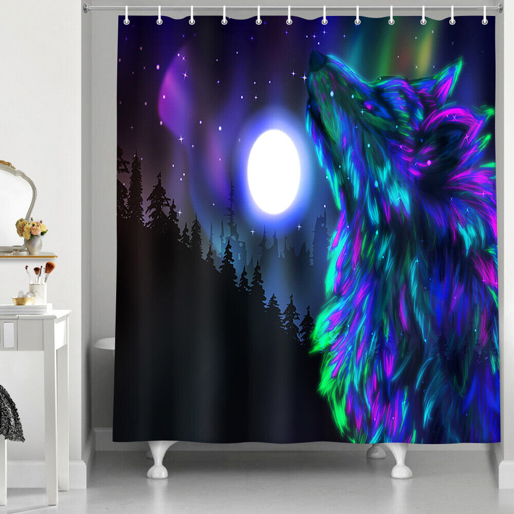 Wolf Roar on A Full Moon Night Shower Curtain Bathroom Decor Fabric - Ferocious Lunar Canine Bathroom Accessory
