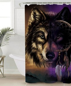 Wolf Shower Curtain, Animal, Dreamcatcher, Bathroom, Waterproof - Dreamlike Wolf Print Waterproof Bathroom Accessory