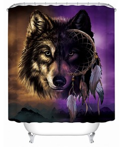 Wolf Shower Curtain, Animal, Dreamcatcher, Bathroom, Waterproof - Dreamlike Wolf Print Waterproof Bathroom Accessory