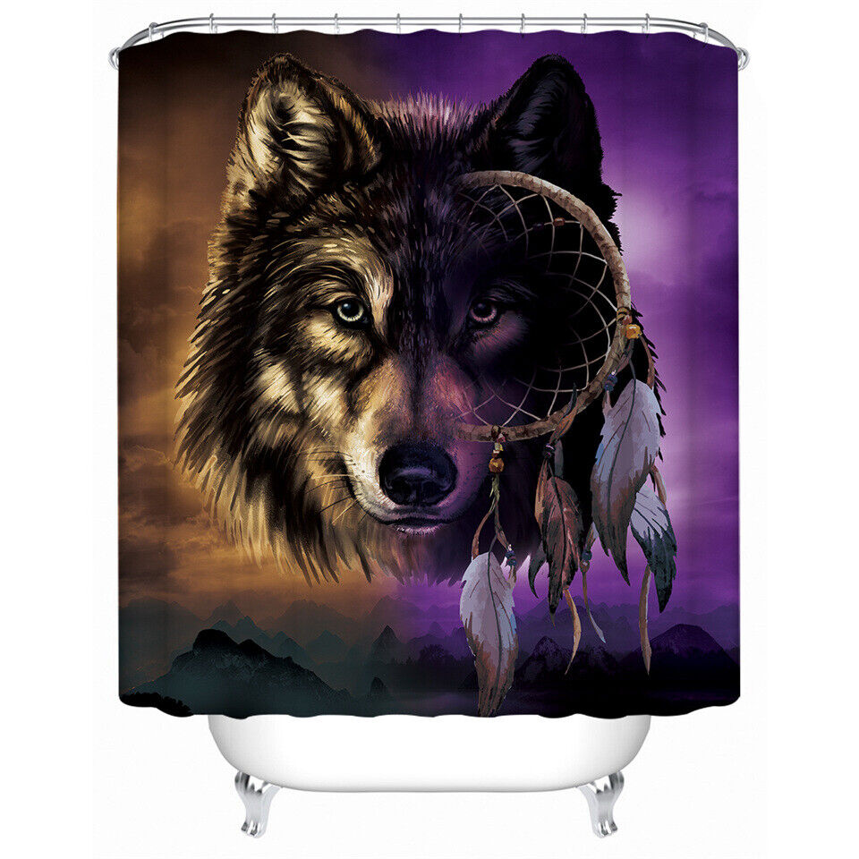 Wolf Shower Curtain, Animal, Dreamcatcher, Bathroom, Waterproof - Dreamlike Wolf Print Waterproof Bathroom Accessory
