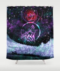 Wolf Shower Curtain Galaxy Shower Curtain Violet Curtain Galaxy Curtain Nebula Curtain Stars Planets Lilac Curtain