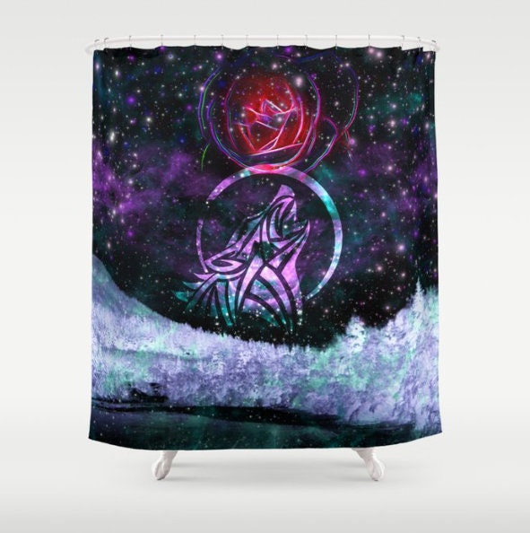 Wolf Shower Curtain Galaxy Shower Curtain Violet Curtain Galaxy Curtain Nebula Curtain Stars Planets Lilac Curtain