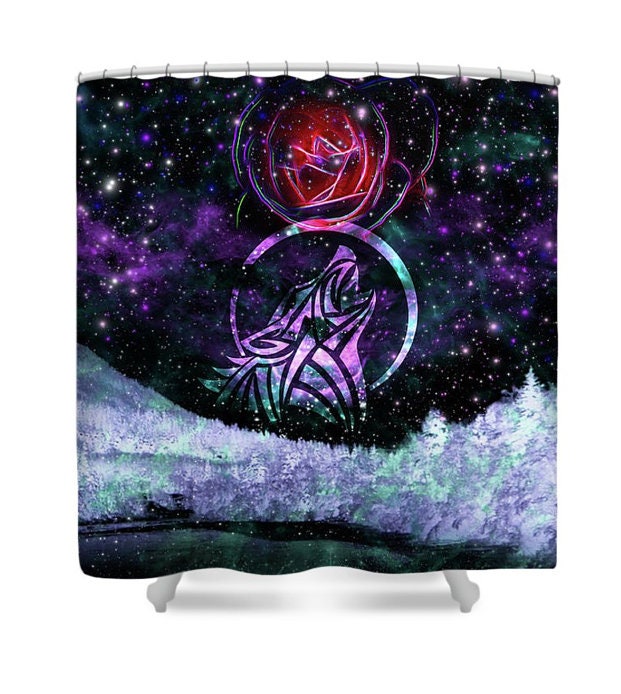 Wolf Shower Curtain Galaxy Shower Curtain Violet Curtain Galaxy Curtain Nebula Curtain Stars Planets Lilac Curtain