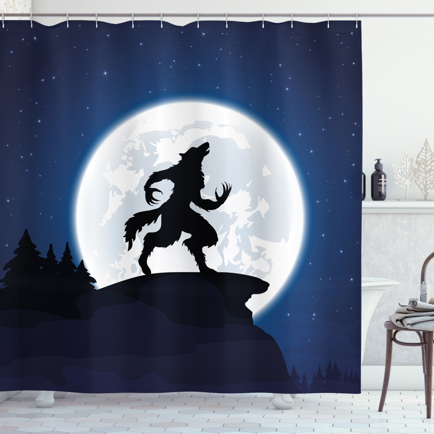 Wolf Shower Curtain Halloween Theme Design Print for Bathroom - Spooky Wolf Print Bathroom Accessory