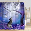Wolf Shower Curtain Misty Fantasy Forest Full Moon Purple Flower Butterfly Wildlife Lanterns Animal Bathroom