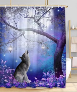 Wolf Shower Curtain Misty Fantasy Forest Full Moon Purple Flower Butterfly Wildlife Lanterns Animal Bathroom