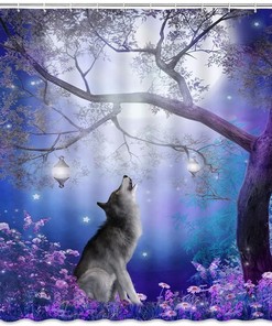 Wolf Shower Curtain Misty Fantasy Forest Full Moon Purple Flower Butterfly Wildlife Lanterns Animal Bathroom