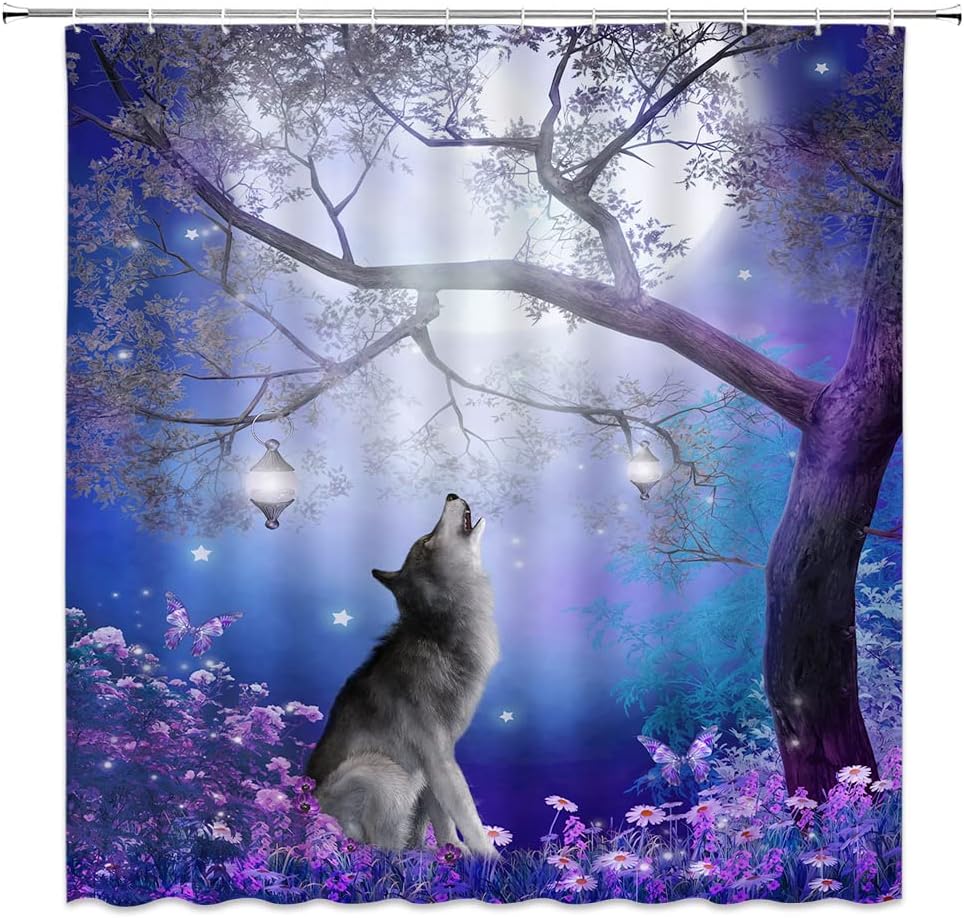 Wolf Shower Curtain Misty Fantasy Forest Full Moon Purple Flower Butterfly Wildlife Lanterns Animal Bathroom