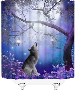 Wolf Shower Curtain Misty Fantasy Forest Full Moon Purple Flower Butterfly Wildlife Lanterns Animal Bathroom