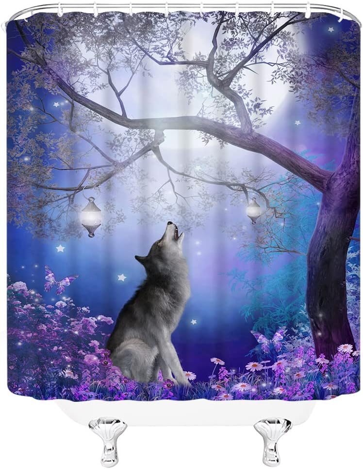 Wolf Shower Curtain Misty Fantasy Forest Full Moon Purple Flower Butterfly Wildlife Lanterns Animal Bathroom