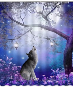Wolf Shower Curtain Misty Fantasy Forest Full Moon Purple Flower Butterfly Wildlife Lanterns Animal Bathroom