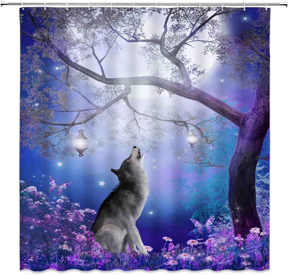 Wolf Shower Curtain Misty Fantasy Forest Full Moon Purple Flower Butterfly Wildlife Lanterns Animal Bathroom