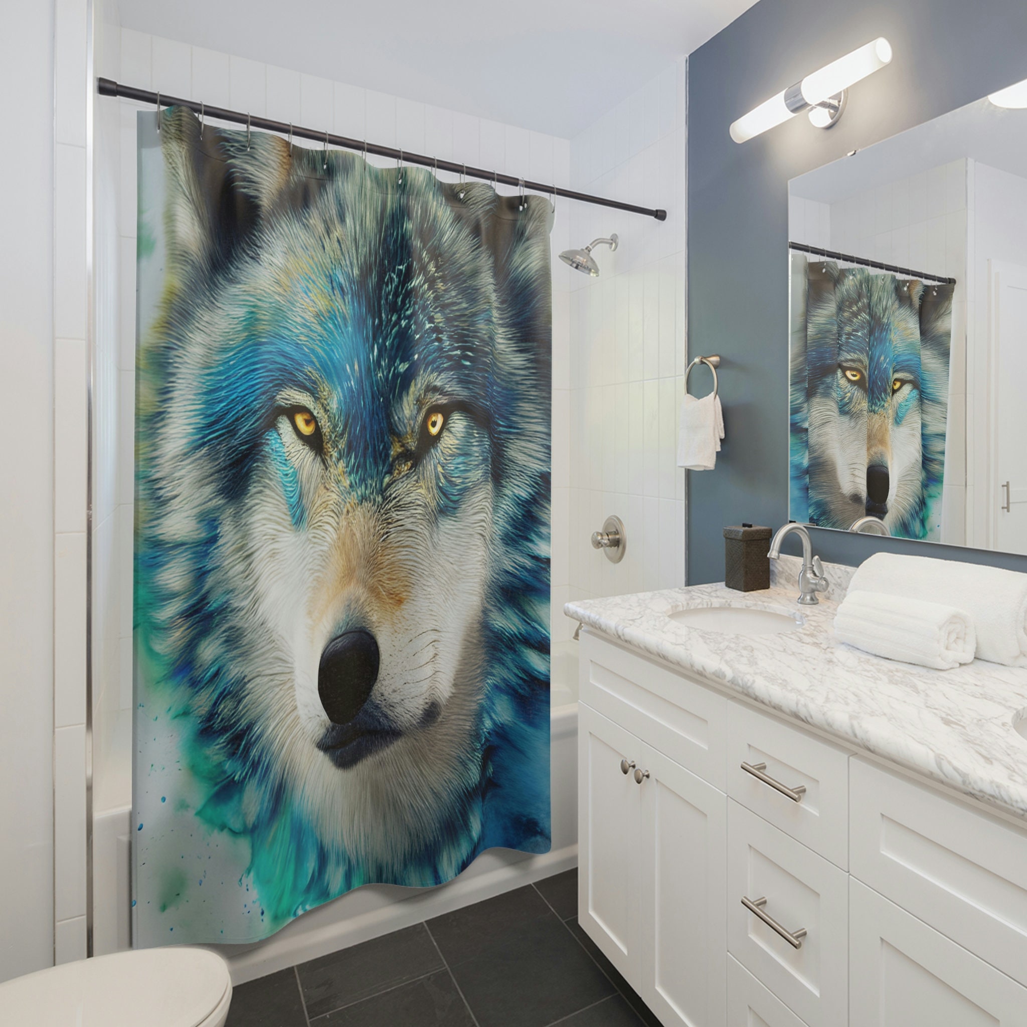 Wolf Shower Curtain, Wolf Shower Curtain, Dog Shower Curtain, Turquoise Shower Curtain, Wolf Bath Décor