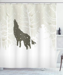 Wolf Silhouette Howls In Woods With Snowflakes Wilderness Shower Curtain, Green Eggshell Cloth Fabric