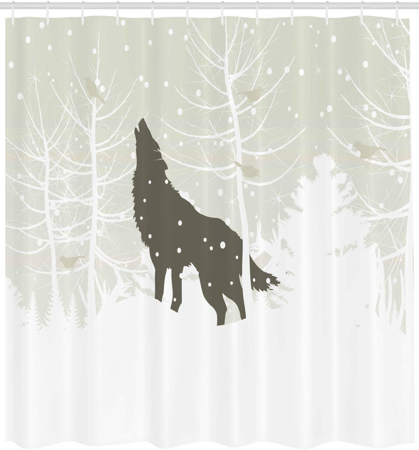 Wolf Silhouette Howls In Woods With Snowflakes Wilderness Shower Curtain, Green Eggshell Cloth Fabric - Image 2