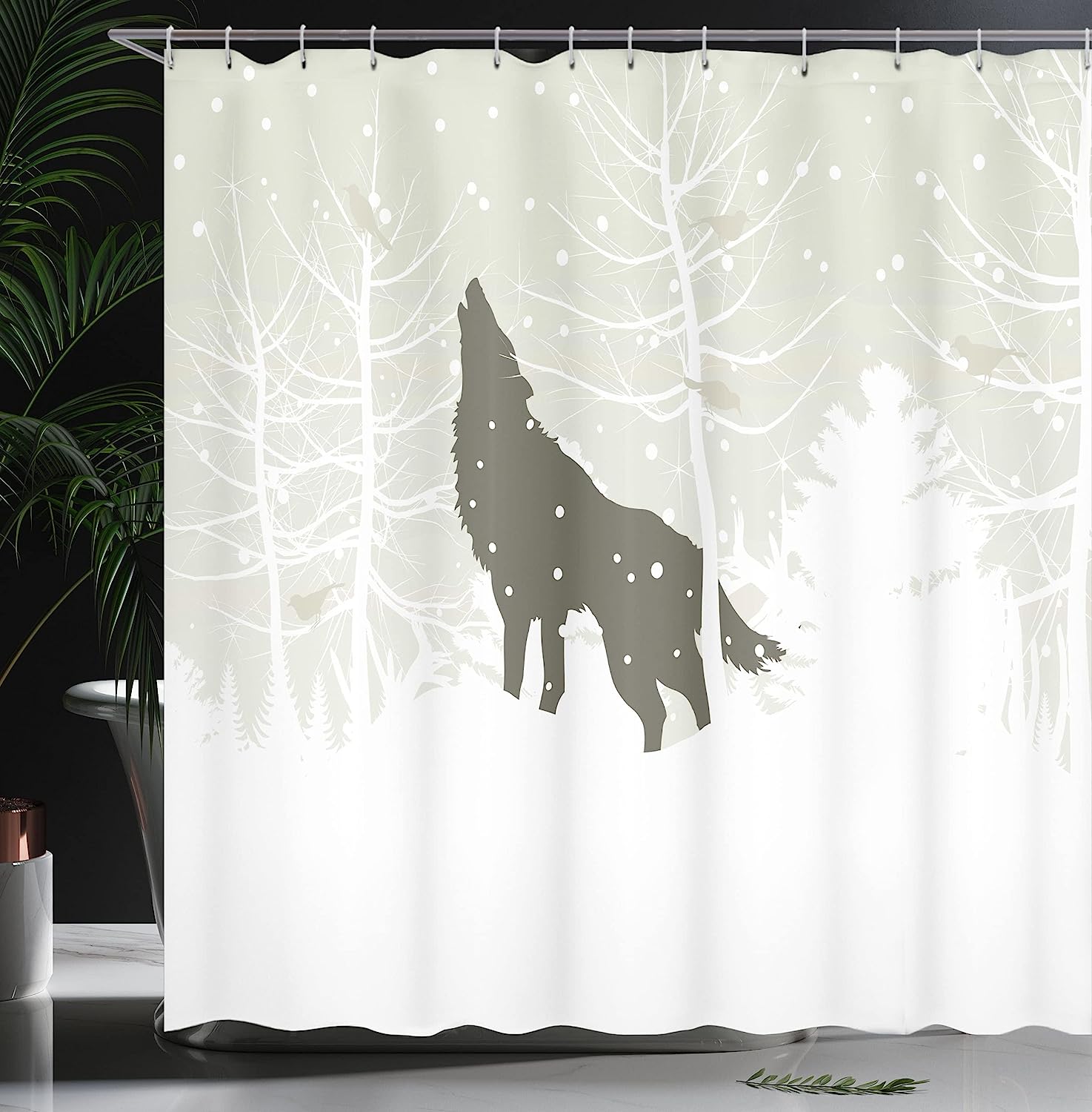 Wolf Silhouette Howls In Woods With Snowflakes Wilderness Shower Curtain, Green Eggshell Cloth Fabric - Image 3