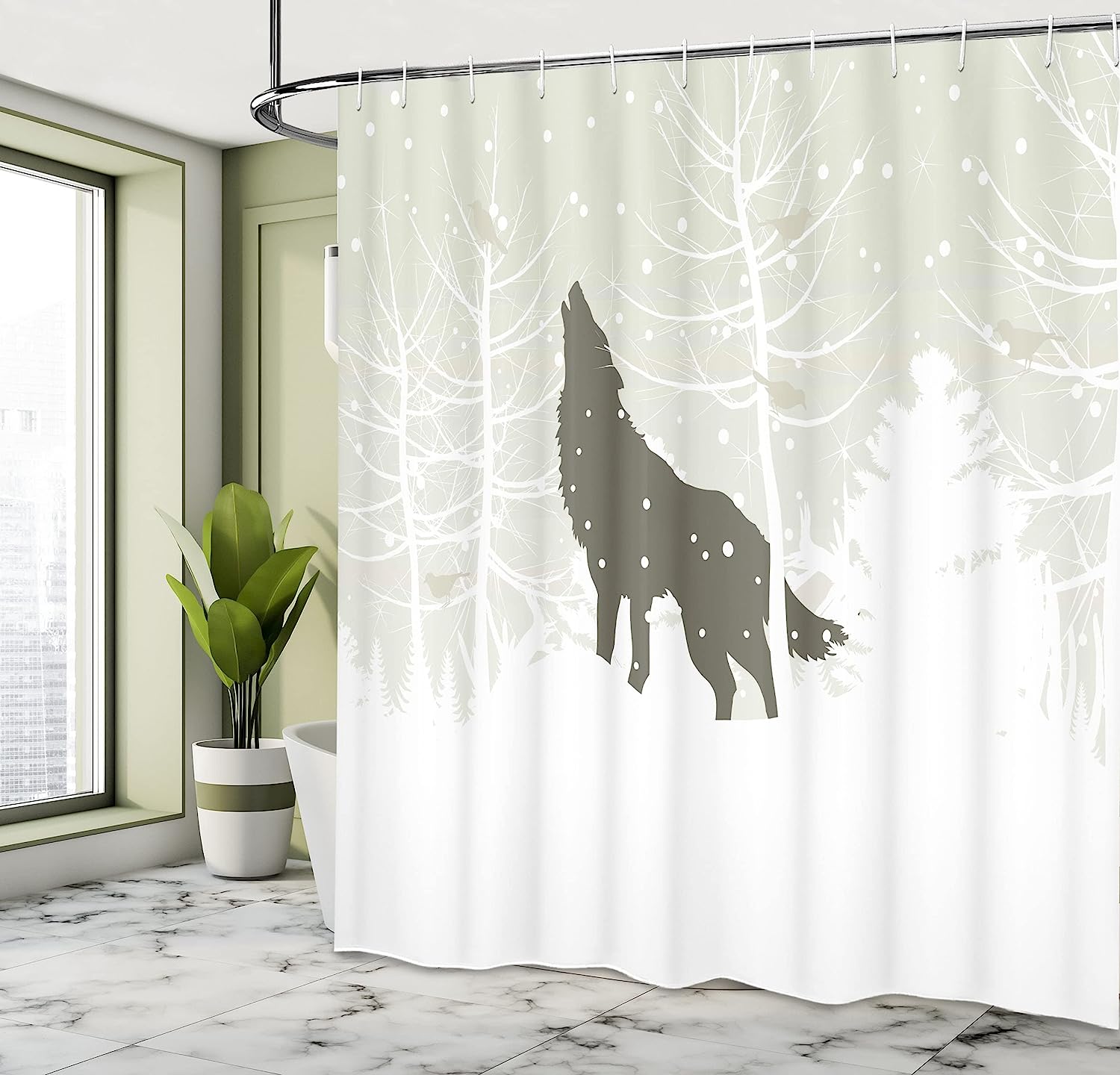Wolf Silhouette Howls In Woods With Snowflakes Wilderness Shower Curtain, Green Eggshell Cloth Fabric - Image 4