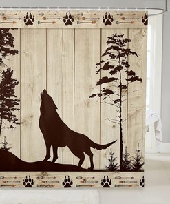 Wolf Silhouette Kids Shower Curtain,Boys Girls Adults Cabin Decor, Pine Trees Wooden Board Retro Bathroom Curtains