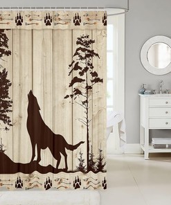 Wolf Silhouette Kids Shower Curtain,Boys Girls Adults Cabin Decor, Pine Trees Wooden Board Retro Bathroom Curtains
