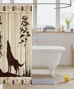 Wolf Silhouette Kids Shower Curtain,Boys Girls Adults Cabin Decor, Pine Trees Wooden Board Retro Bathroom Curtains