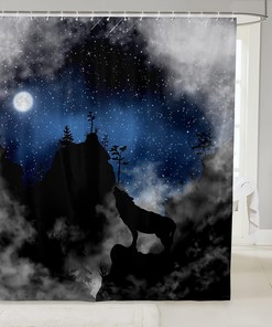 Wolf Silhouette Kids Shower Curtain,Starry Sky Cloud Moonlight Trippy Bathroom Curtains for Girls Boys Adults