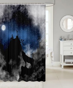 Wolf Silhouette Kids Shower Curtain,Starry Sky Cloud Moonlight Trippy Bathroom Curtains for Girls Boys Adults