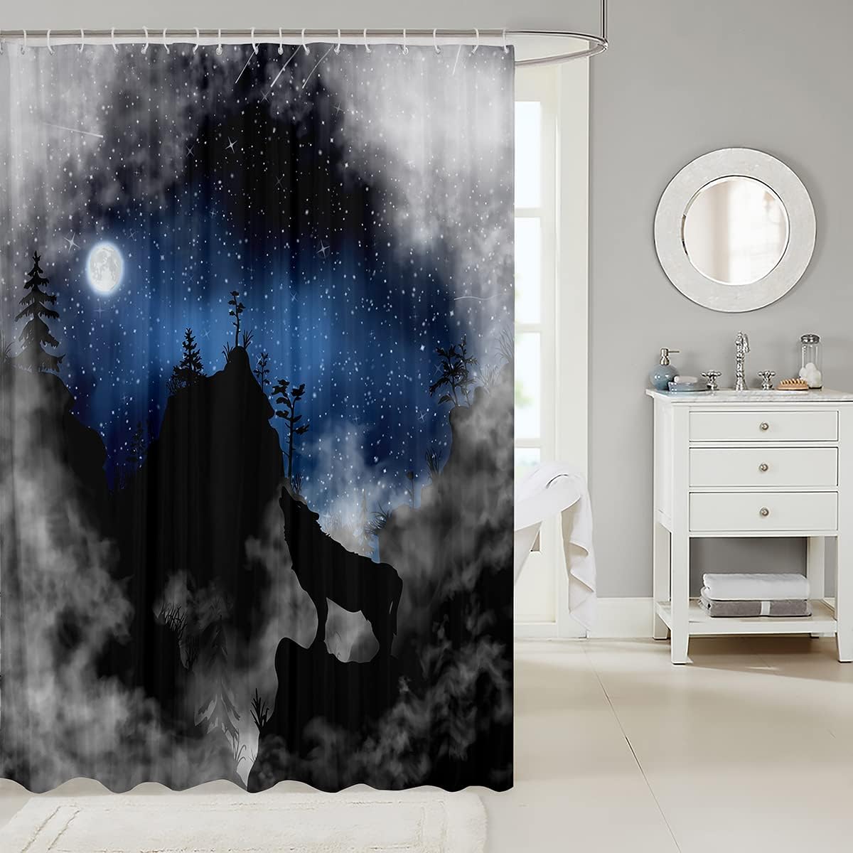 Wolf Silhouette Kids Shower Curtain,Starry Sky Cloud Moonlight Trippy Bathroom Curtains for Girls Boys Adults