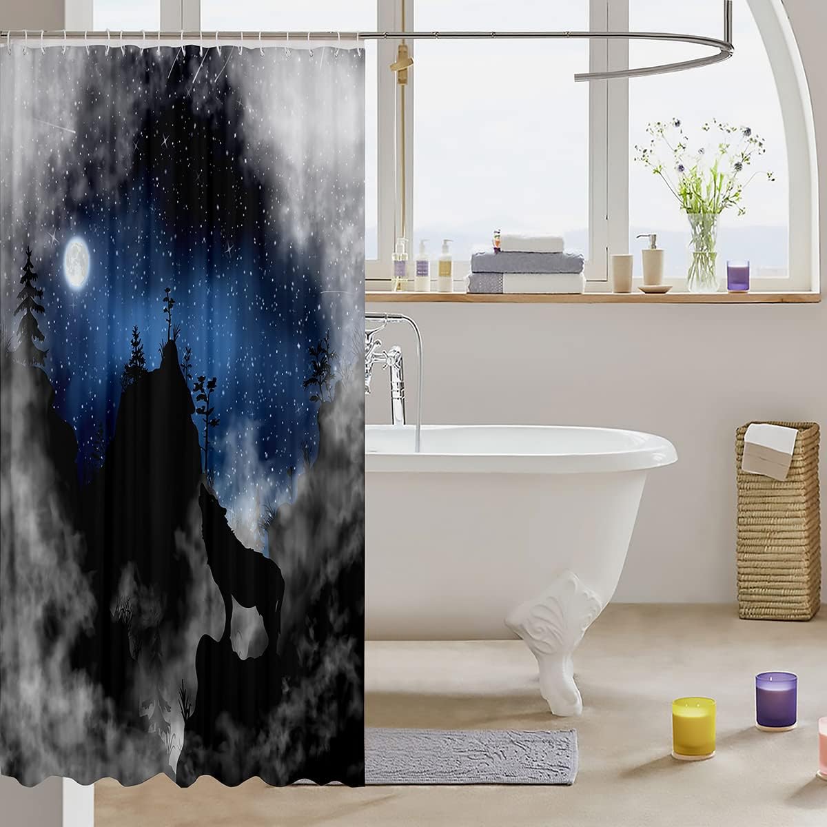 Wolf Silhouette Kids Shower Curtain,Starry Sky Cloud Moonlight Trippy Bathroom Curtains for Girls Boys Adults