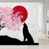 Wolf Silhouette Shower Curtain Japanese Cherry Blossoms Sun Bathroom Curtain for Kids Teens Boys Adults Room Décor