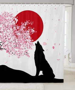 Wolf Silhouette Shower Curtain Japanese Cherry Blossoms Sun Bathroom Curtain for Kids Teens Boys Adults Room Décor