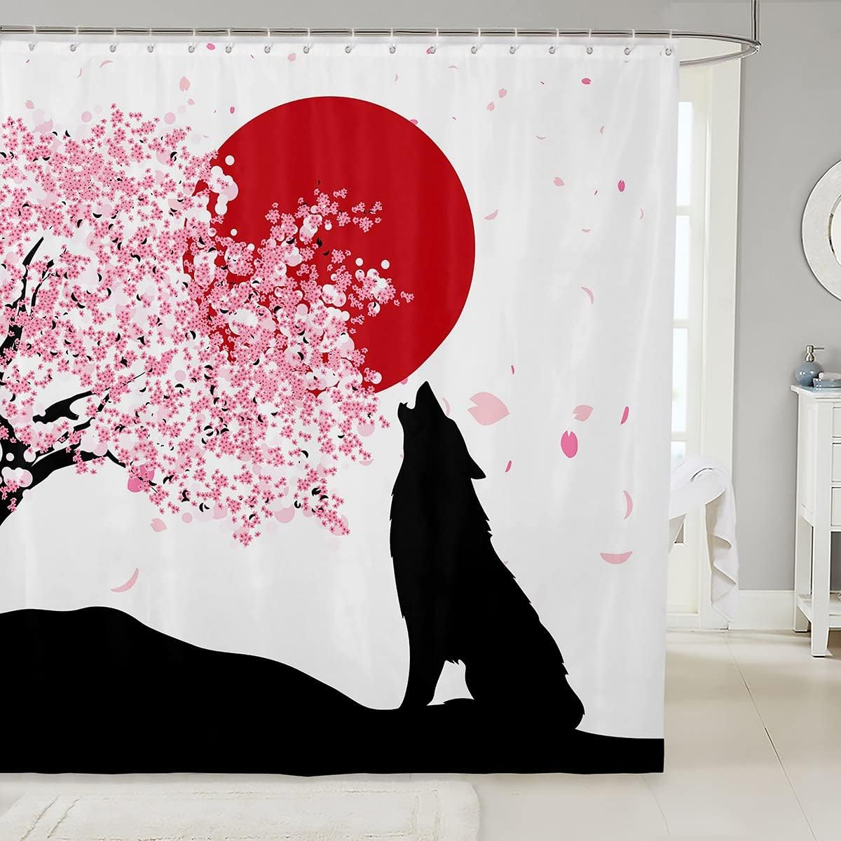 Wolf Silhouette Shower Curtain Japanese Cherry Blossoms Sun Bathroom Curtain for Kids Teens Boys Adults Room Décor