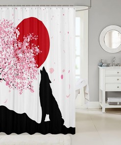 Wolf Silhouette Shower Curtain Japanese Cherry Blossoms Sun Bathroom Curtain for Kids Teens Boys Adults Room Décor