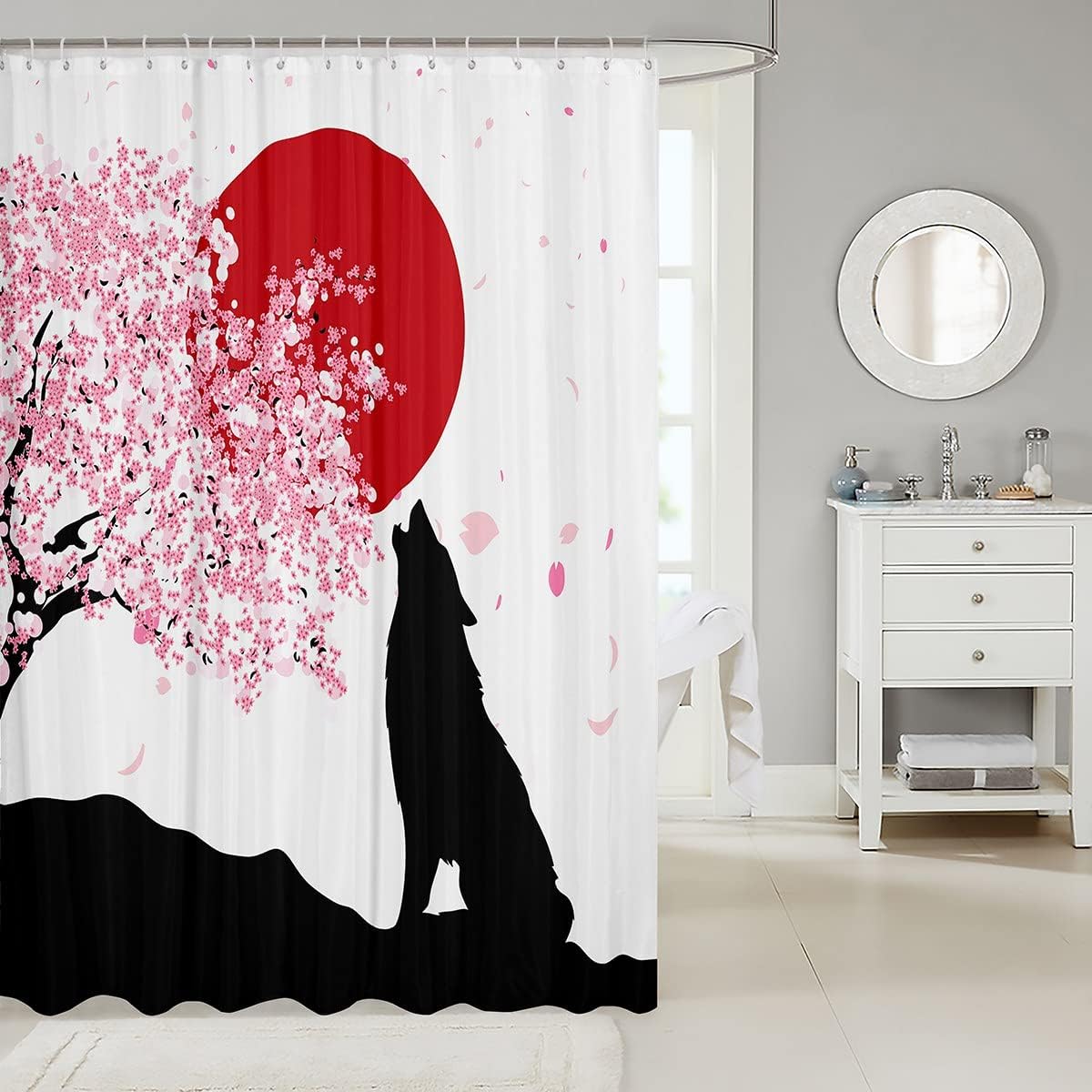 Wolf Silhouette Shower Curtain Japanese Cherry Blossoms Sun Bathroom Curtain for Kids Teens Boys Adults Room Décor