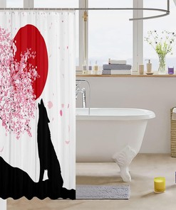 Wolf Silhouette Shower Curtain Japanese Cherry Blossoms Sun Bathroom Curtain for Kids Teens Boys Adults Room Décor