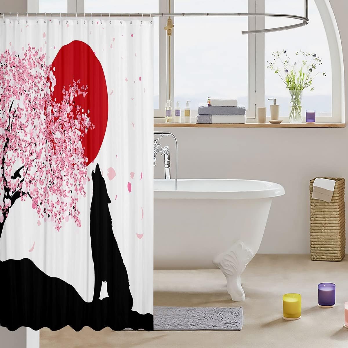 Wolf Silhouette Shower Curtain Japanese Cherry Blossoms Sun Bathroom Curtain for Kids Teens Boys Adults Room Décor